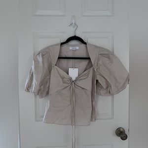 NWT Frame Women’s Strappy Puff Sleeve Cut-out Cotton Tie Neck Top Flax Small